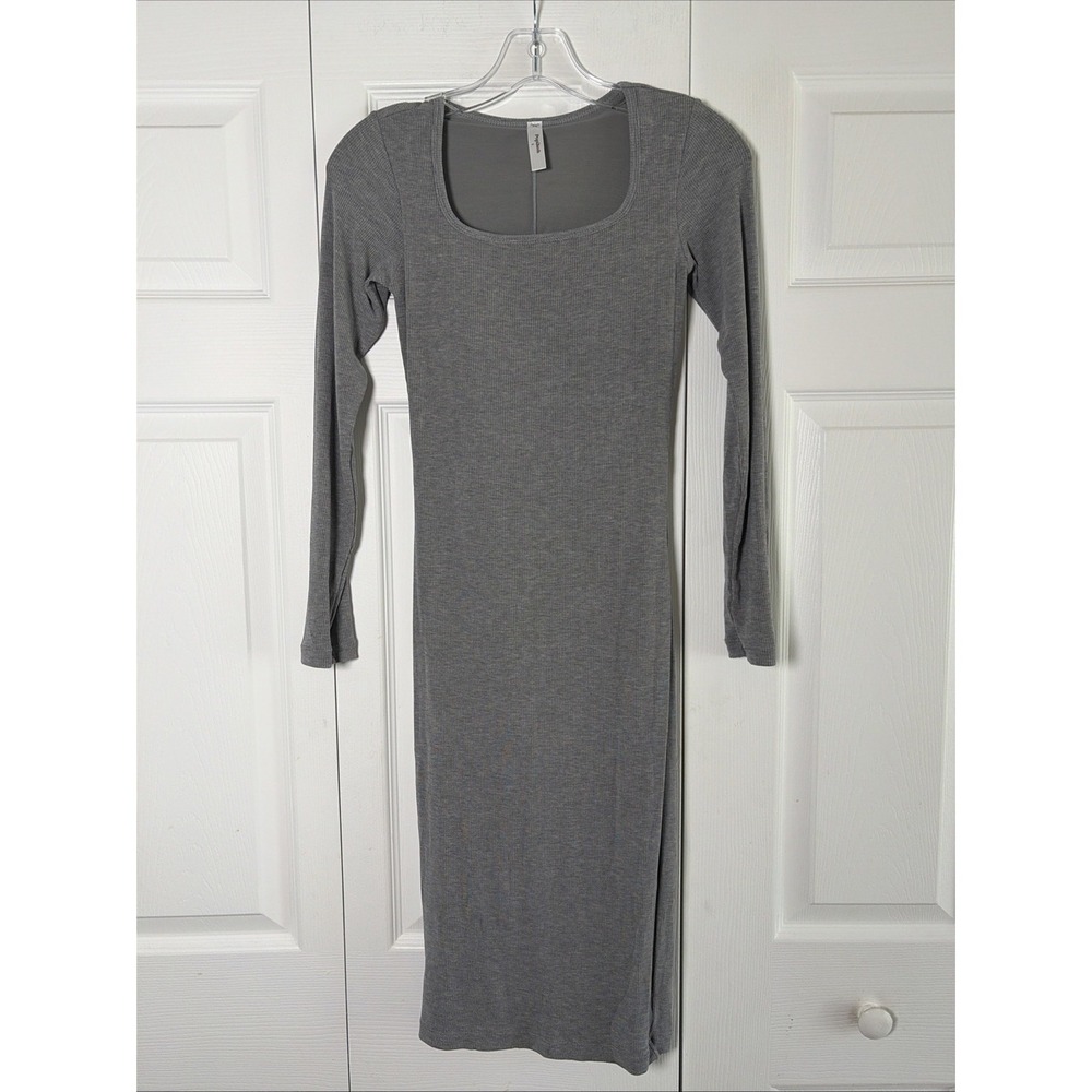 Popilush Ribbed Bodycon Midi Dress Womens Size S Gray Long Sleeve Square Neck